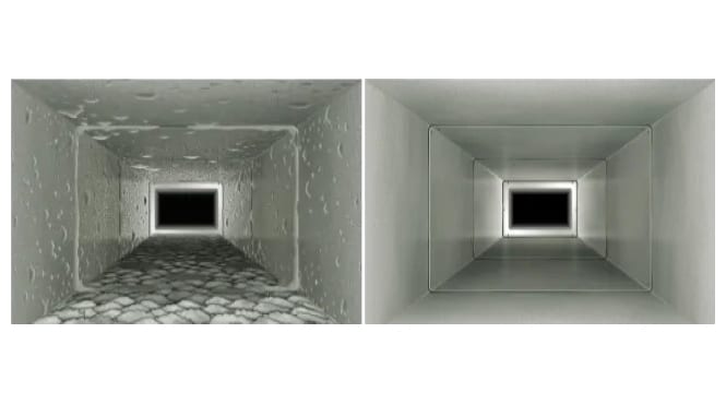 dirty air duct before and after cleaning