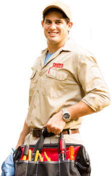 smiling technician wearing beige uniform with red foulks southern air log